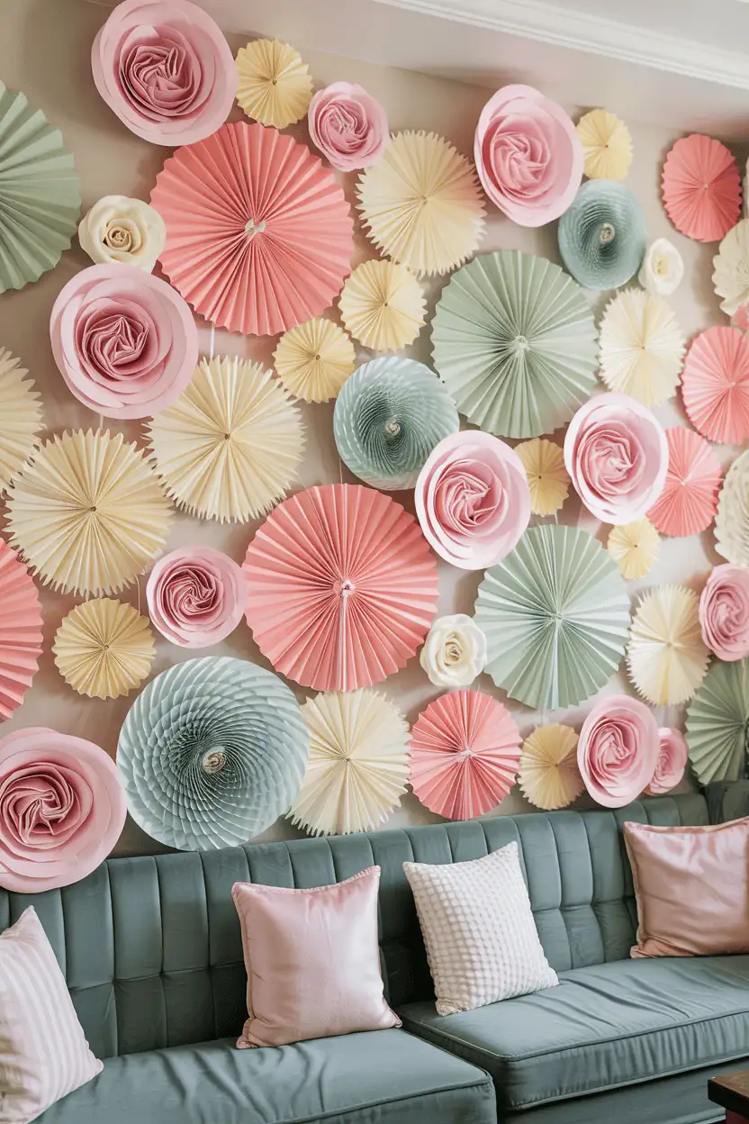 20 DIY Paper Craft Home Accent Ideas 11 Paper Fans and Rosettes wall decor idea