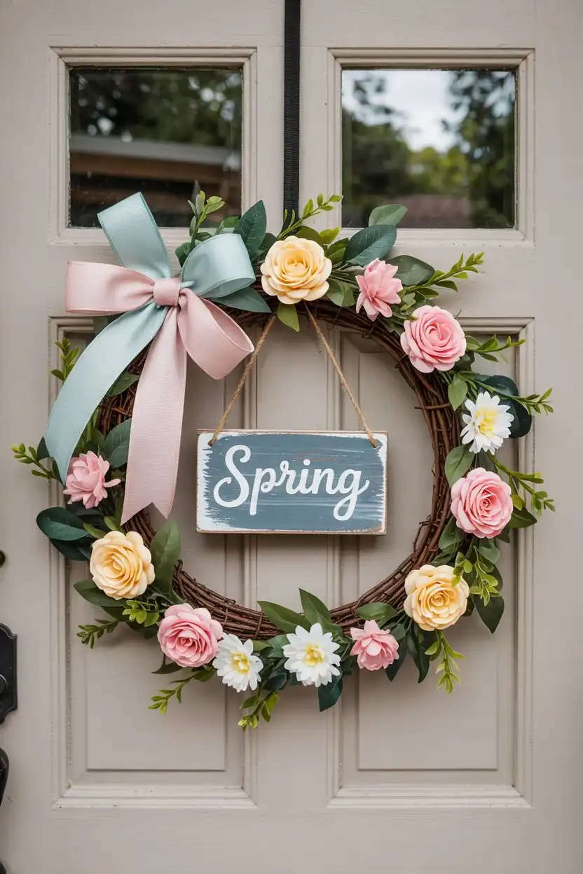 20 DIY Spring Decor Ideas 3 DIY Spring Decor DIY Front Door Wreath with Ribbon and Signs