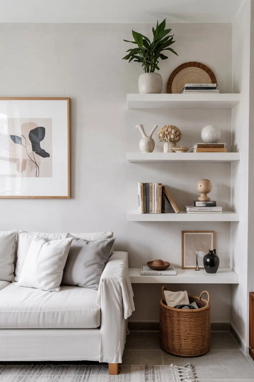25 Minimalist Living Room Decor Ideas 17 Minimalist Living Room Floating Shelves for Display and Storage