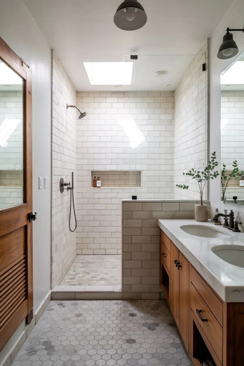 Small Bathroom Ideas Consistent Flooring Throughout the Space