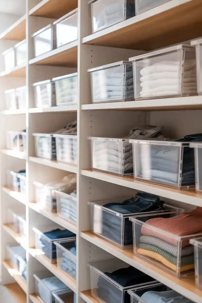25 Budget Closet Organization Ideas 8 Use Clear Storage Bins for Folded Items