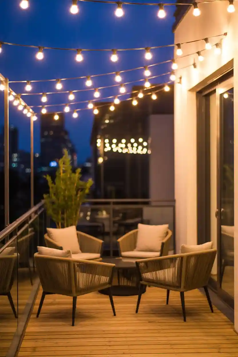 25 Modern Balcony Makeover Ideas 6 String Lights for Ambient Balcony Lighting