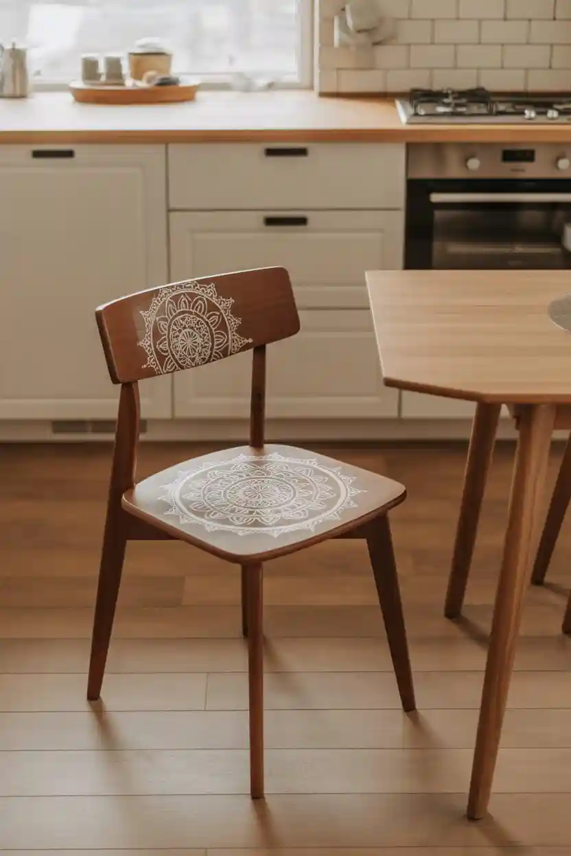 26 Upcycled Chair Ideas 16 Upcycle Wooden Dining Chairs with Stencil Designs on Seats