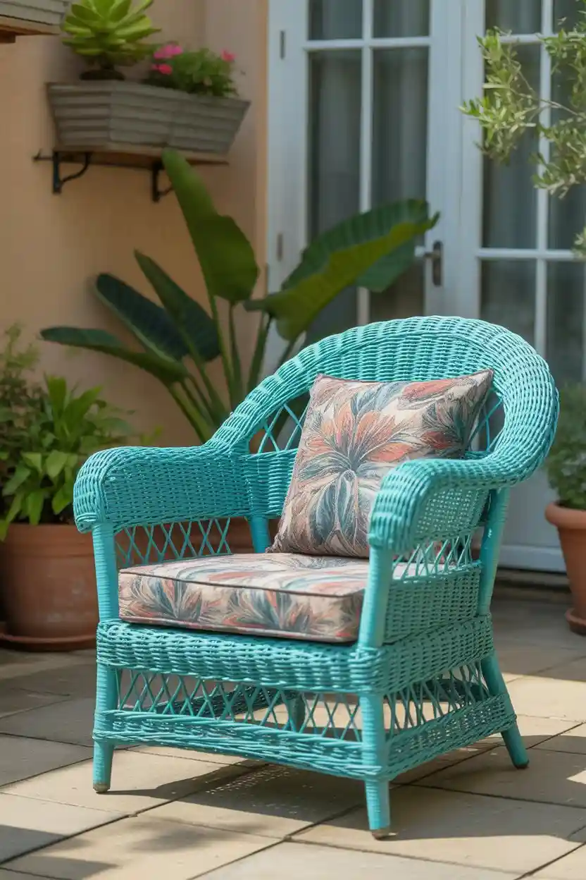 26 Upcycled Chair Ideas 5 Wicker Chair Refresh with Bright Paint and New Cushions