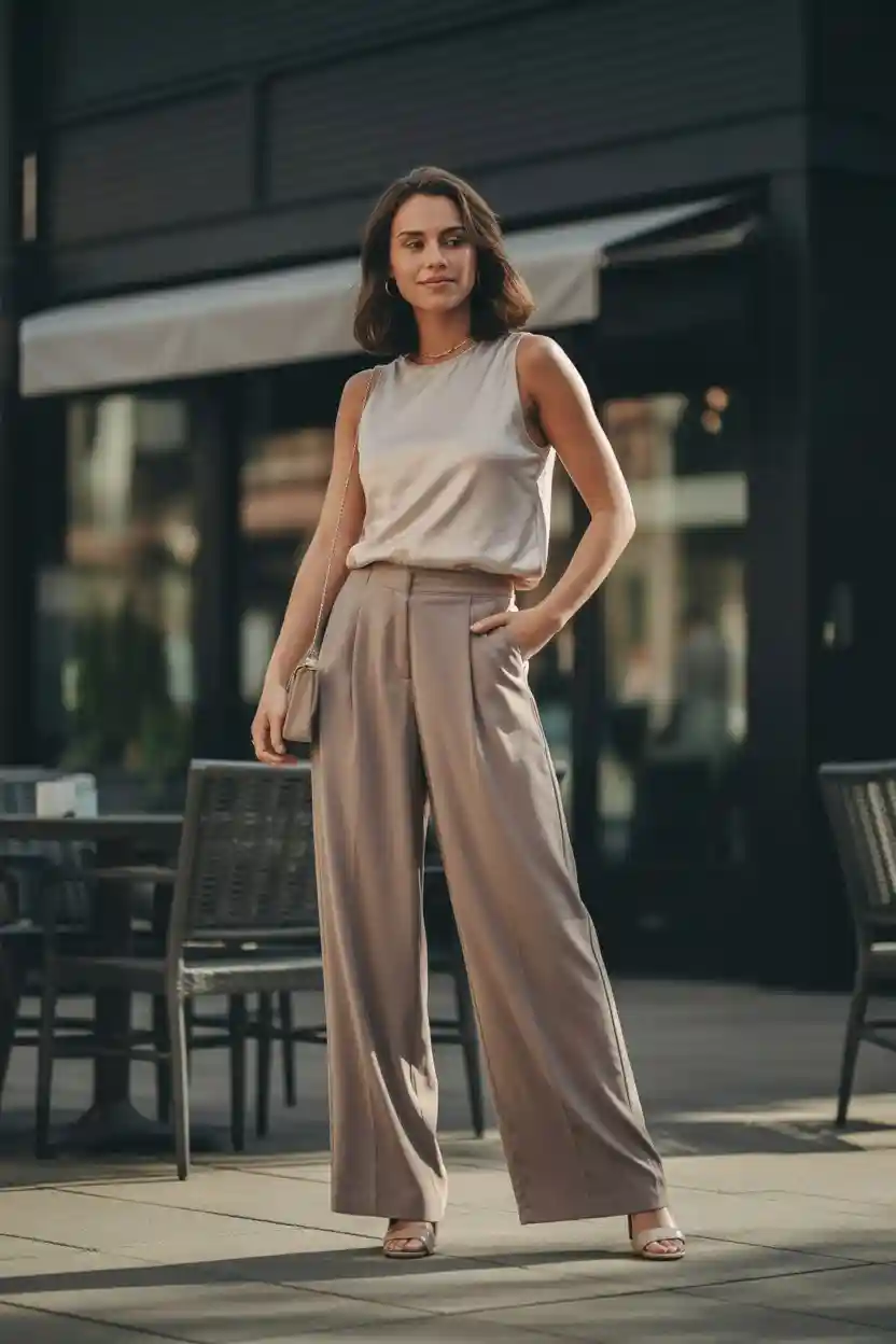 30 Romantic Date Night Outfit Ideas 18 Sleeveless Top with Wide-Leg Pants