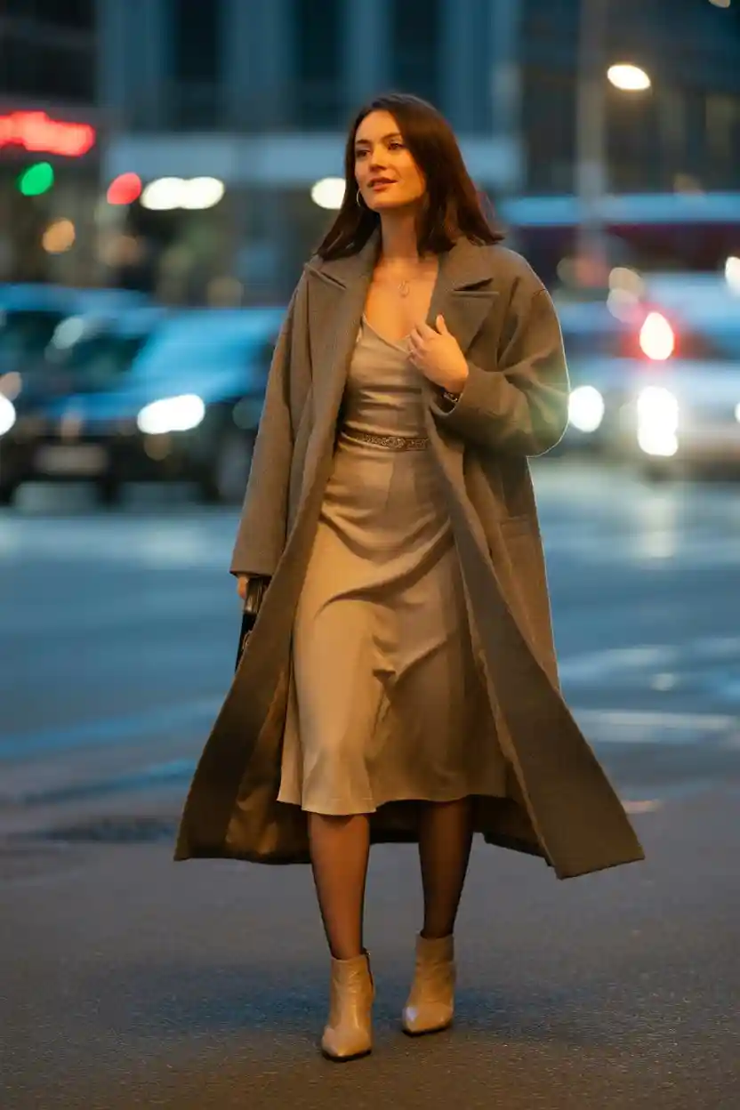 30 Romantic Date Night Outfit Ideas 13 Wool Coat Over Midi Dress
