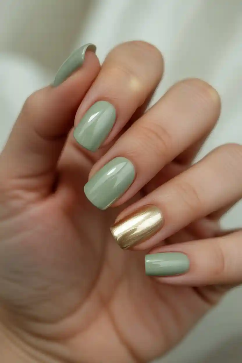 30 Pastel Long Nail Ideas 13 Pastel Green and Gold Accent