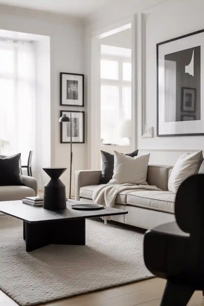 30 Scandinavian Living Room Decor Ideas 12 Black and White Contrast Theme