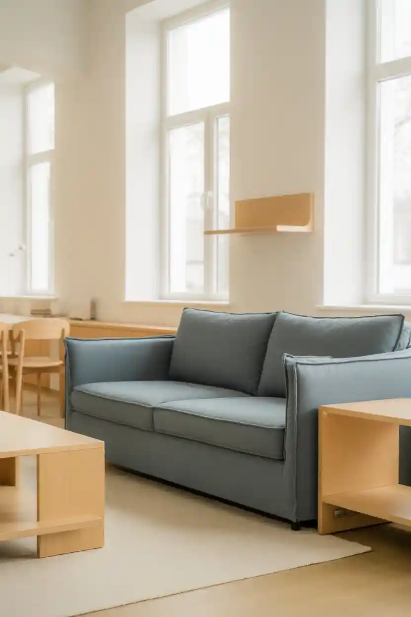 30 Scandinavian Living Room Decor Ideas 16 Blue Sofa as a Subtle Focal Point