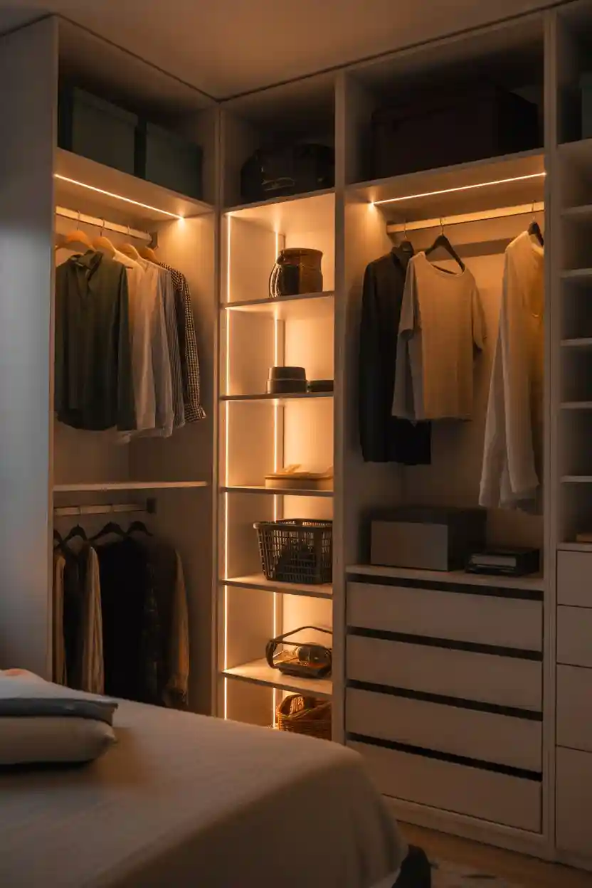 30 Small Bedroom Closet Organization Ideas 17 Add LED or Stick-On Lighting