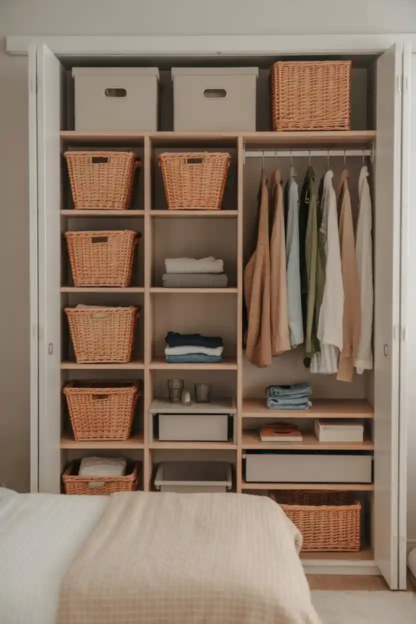 30 Small Bedroom Closet Organization Ideas 15 Integrate Baskets or Bins on Shelves