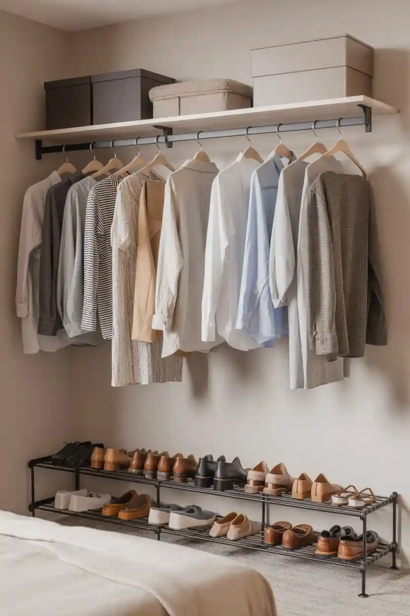 30 Small Bedroom Closet Organization Ideas 27 Store Shoes Under Hanging Clothes