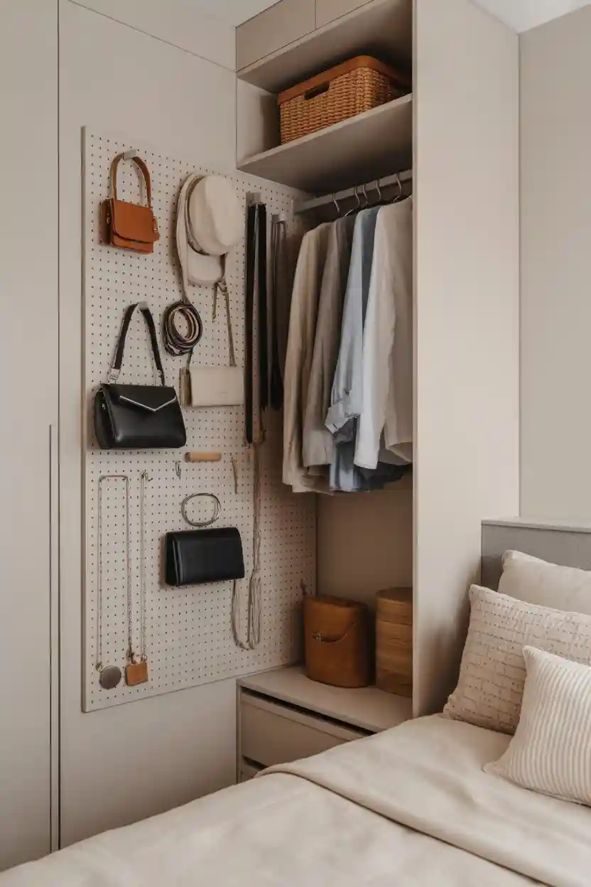 30 Small Bedroom Closet Organization Ideas 26 Use Pegboards for Accessories