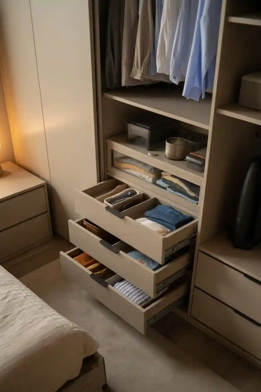 30 Small Bedroom Closet Organization Ideas 16 Use Pull-Out Drawers