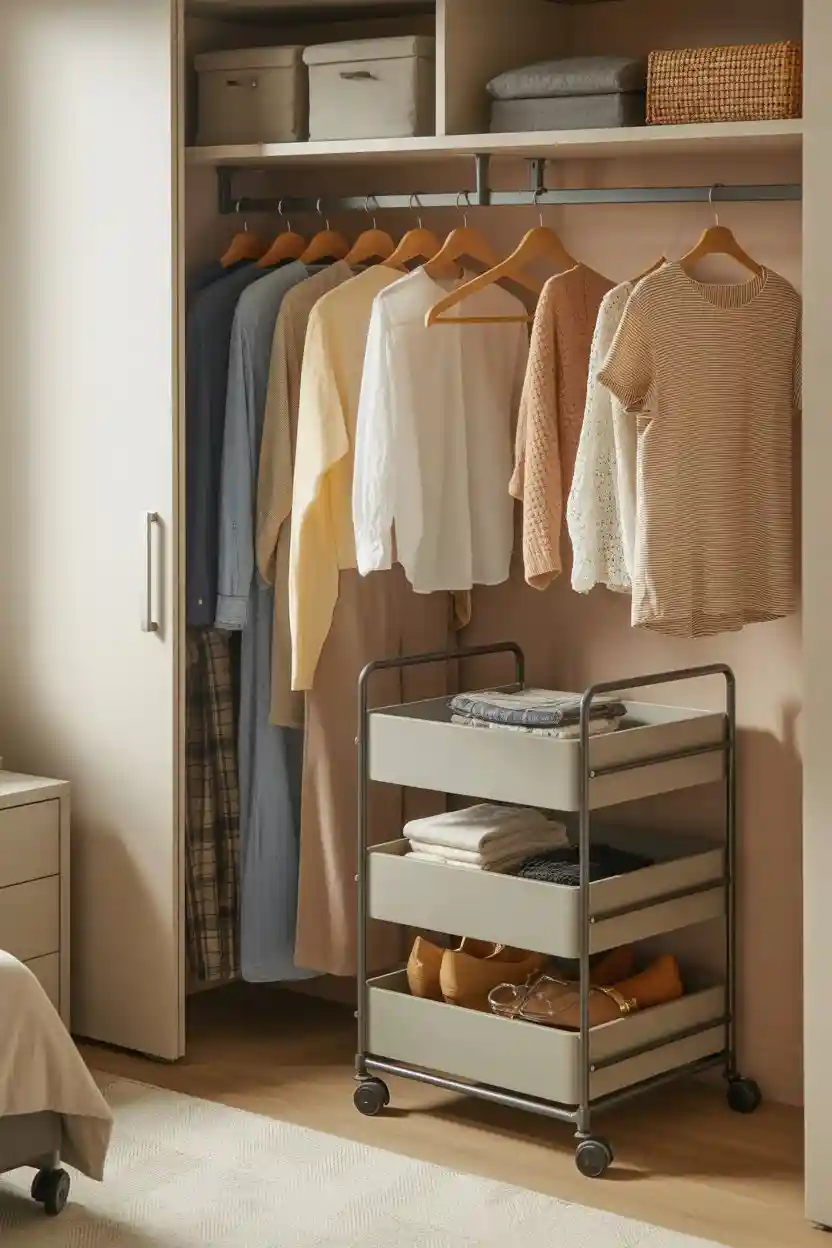 30 Small Bedroom Closet Organization Ideas 28 Use Rolling Storage Carts