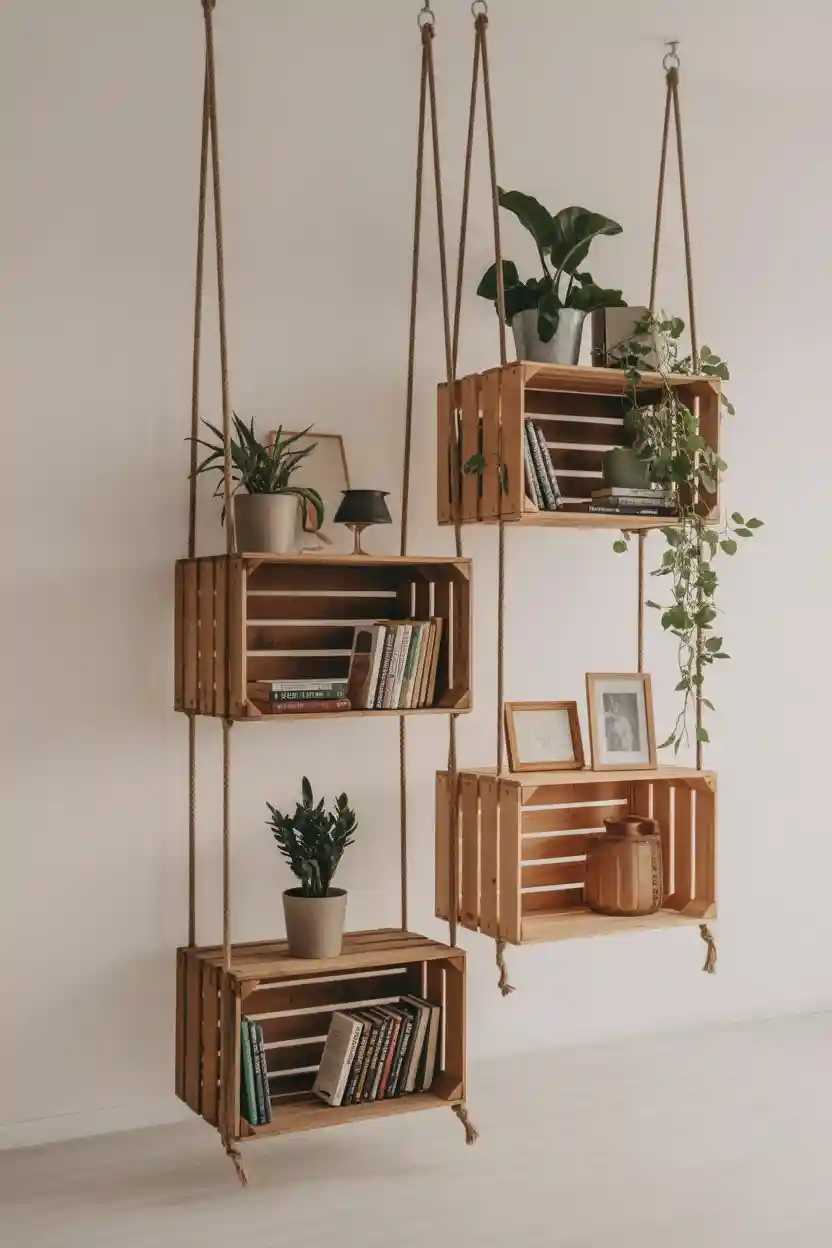 30 Upcycled Bookshelf Ideas 14 Crate and Rope Hanging Bookshelf