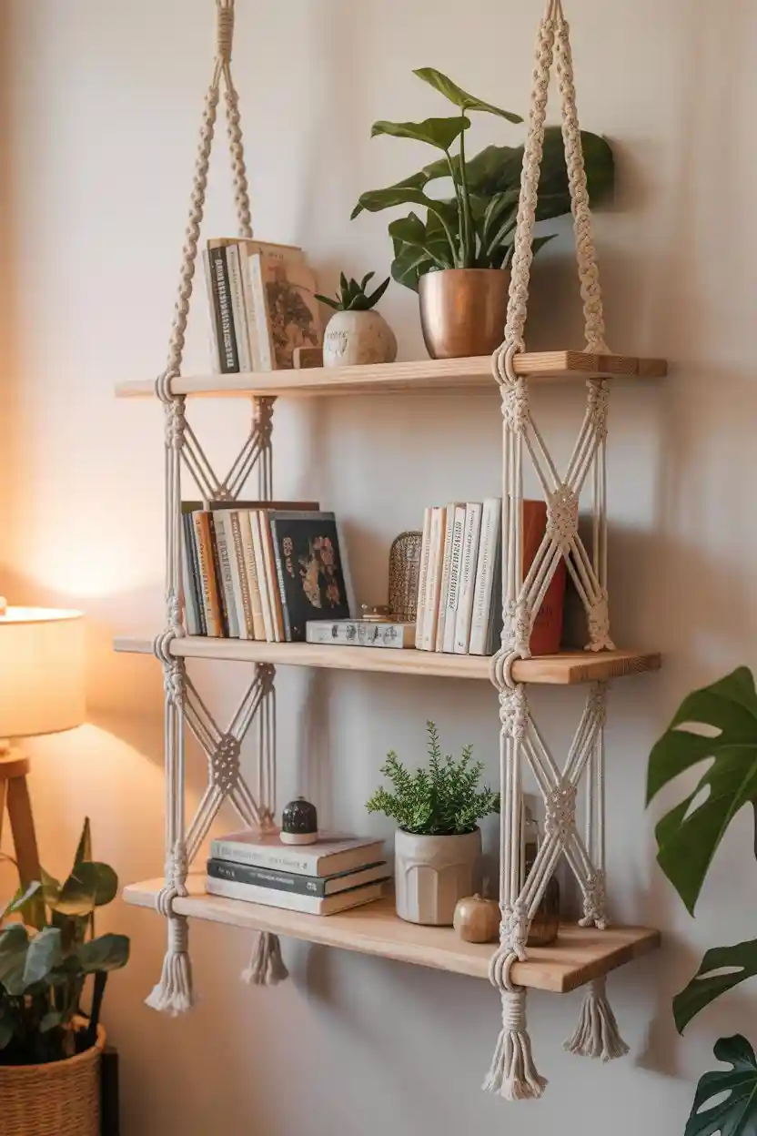 30 Upcycled Bookshelf Ideas 23 Hanging Macrame Bookshelf