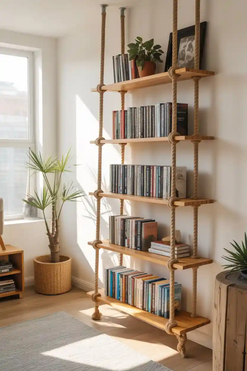 30 Upcycled Bookshelf Ideas 28 Rope Ladder Floating Bookshelf