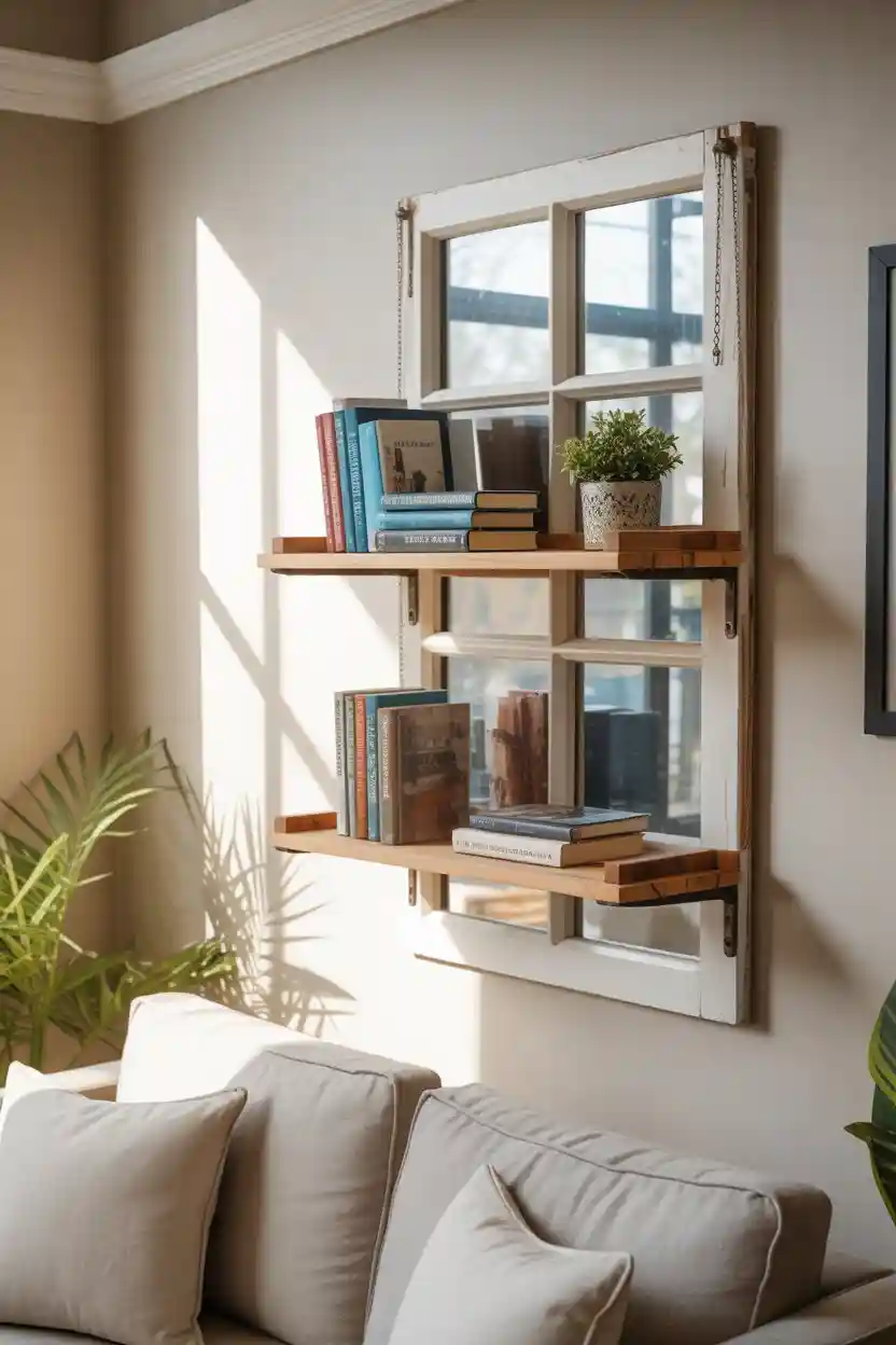 30 Upcycled Bookshelf Ideas 25 Window Frame Wall Bookshelf