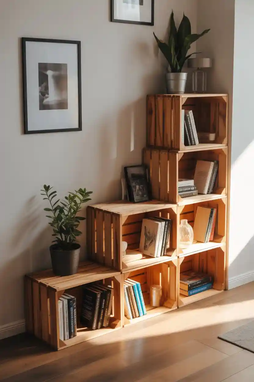 30 Upcycled Bookshelf Ideas 21 Wooden Crate Stair Bookshelf