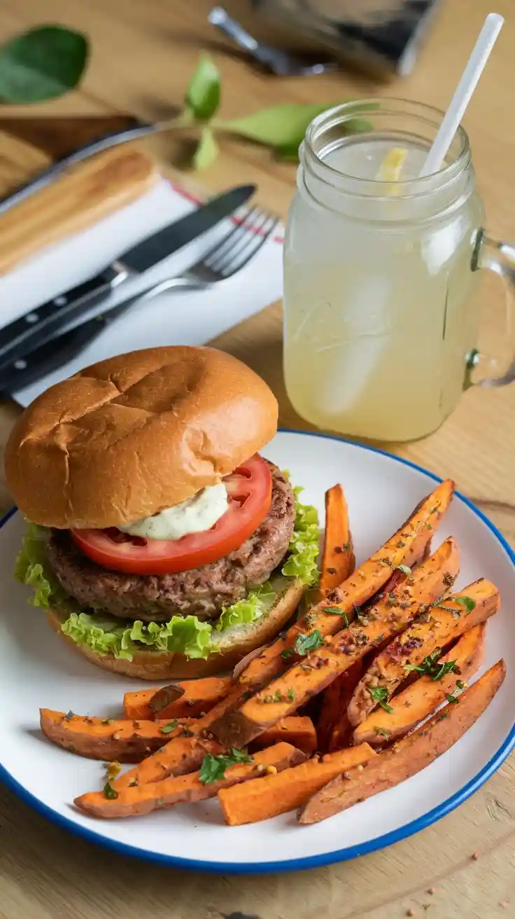 Veggie Burger with Sweet Potato Fries