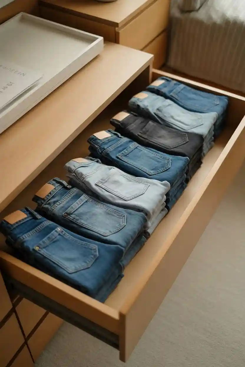 25 Wardrobe Organization Tips 3 Fold Jeans Vertically in Drawers Using the KonMari Method