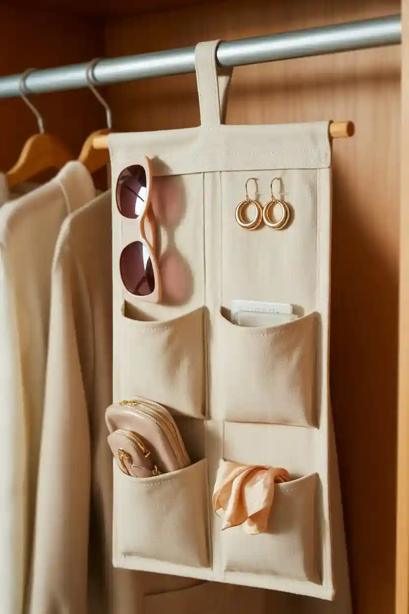 25 Wardrobe Organization Tips 15 Hang a Pocket Organizer on the Rod for Everyday Essentials