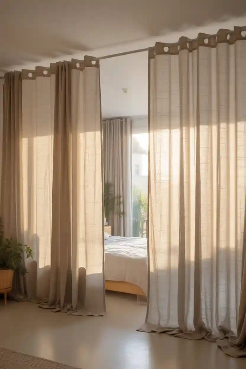 25 Budget Apartment Decor Ideas 22 Linen or Fabric Curtain Room Dividers