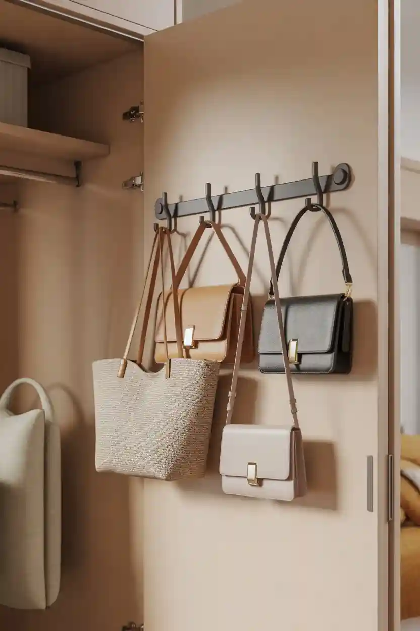 25 Wardrobe Organization Tips 5 Store Handbags on a Mounted Hook Rail Inside the Door