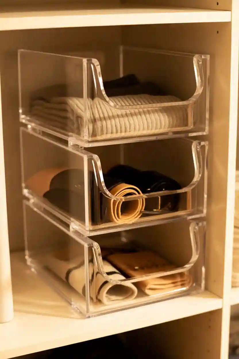 25 Wardrobe Organization Tips 8 Use Stackable Clear Bins for Folded Accessories