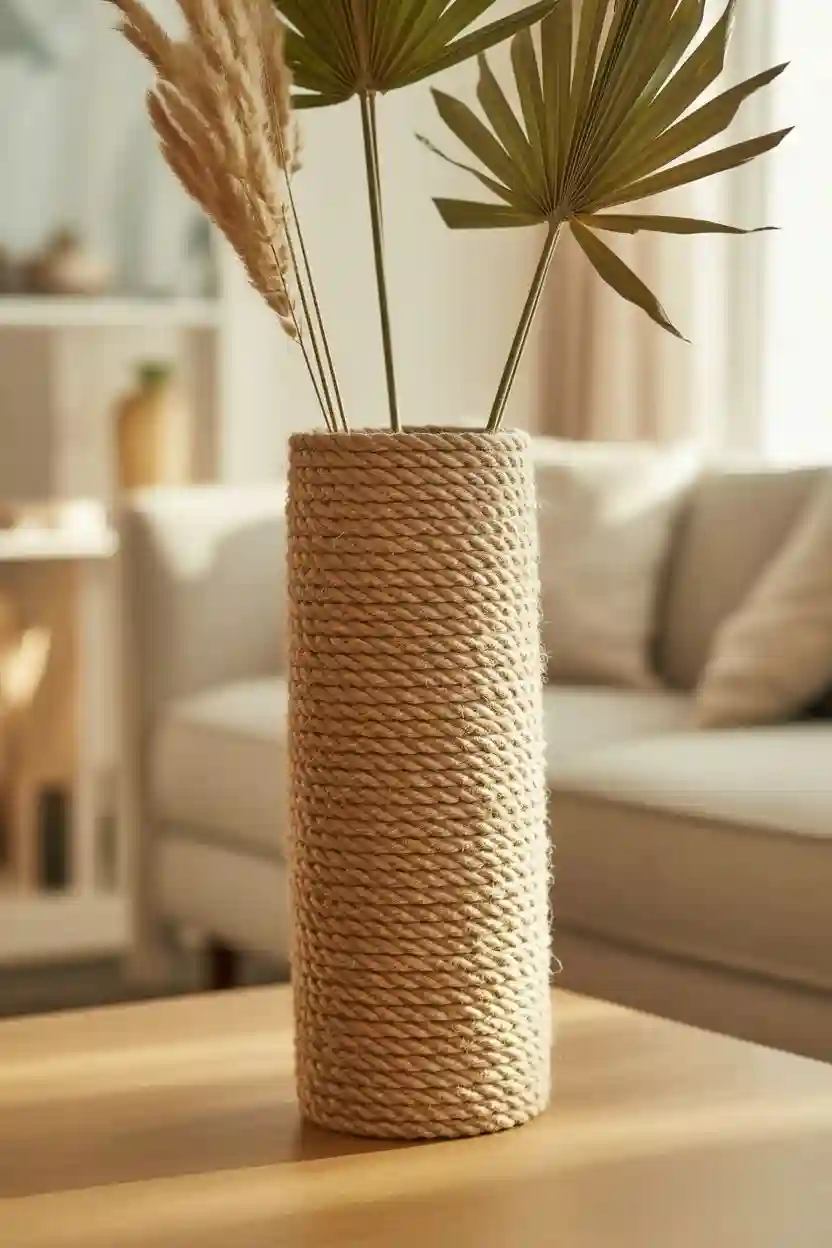 20 DIY Table Centerpiece Ideas 10 Rope-Wrapped Vase Centerpiece