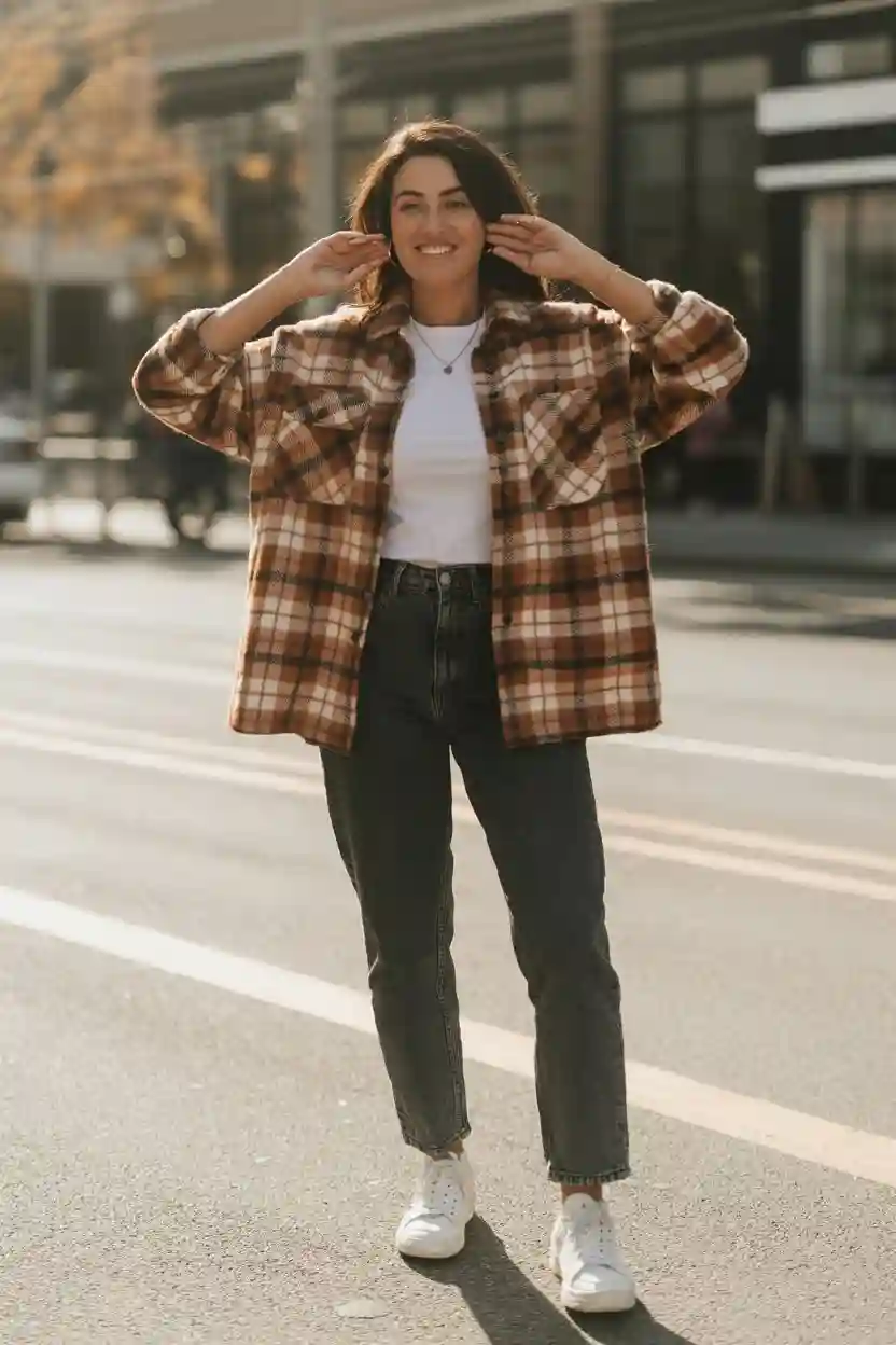 Shacket with Straight-Leg Jeans and White Tee