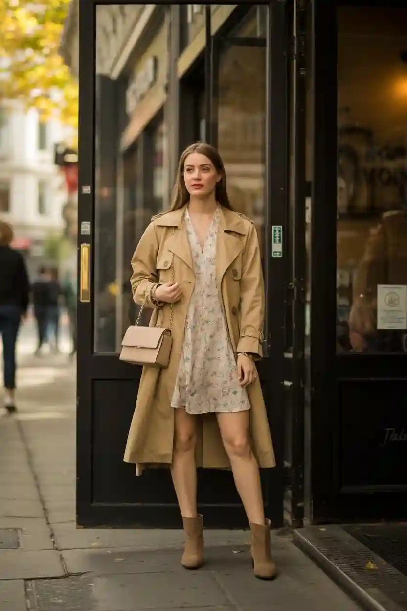 Trench Coat over a Floral Mini Dress