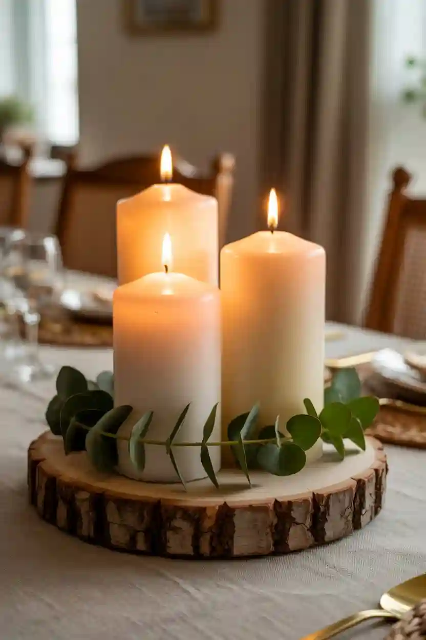 20 DIY Table Centerpiece Ideas 5 Wooden Slice with Pillar Candles and Greenery