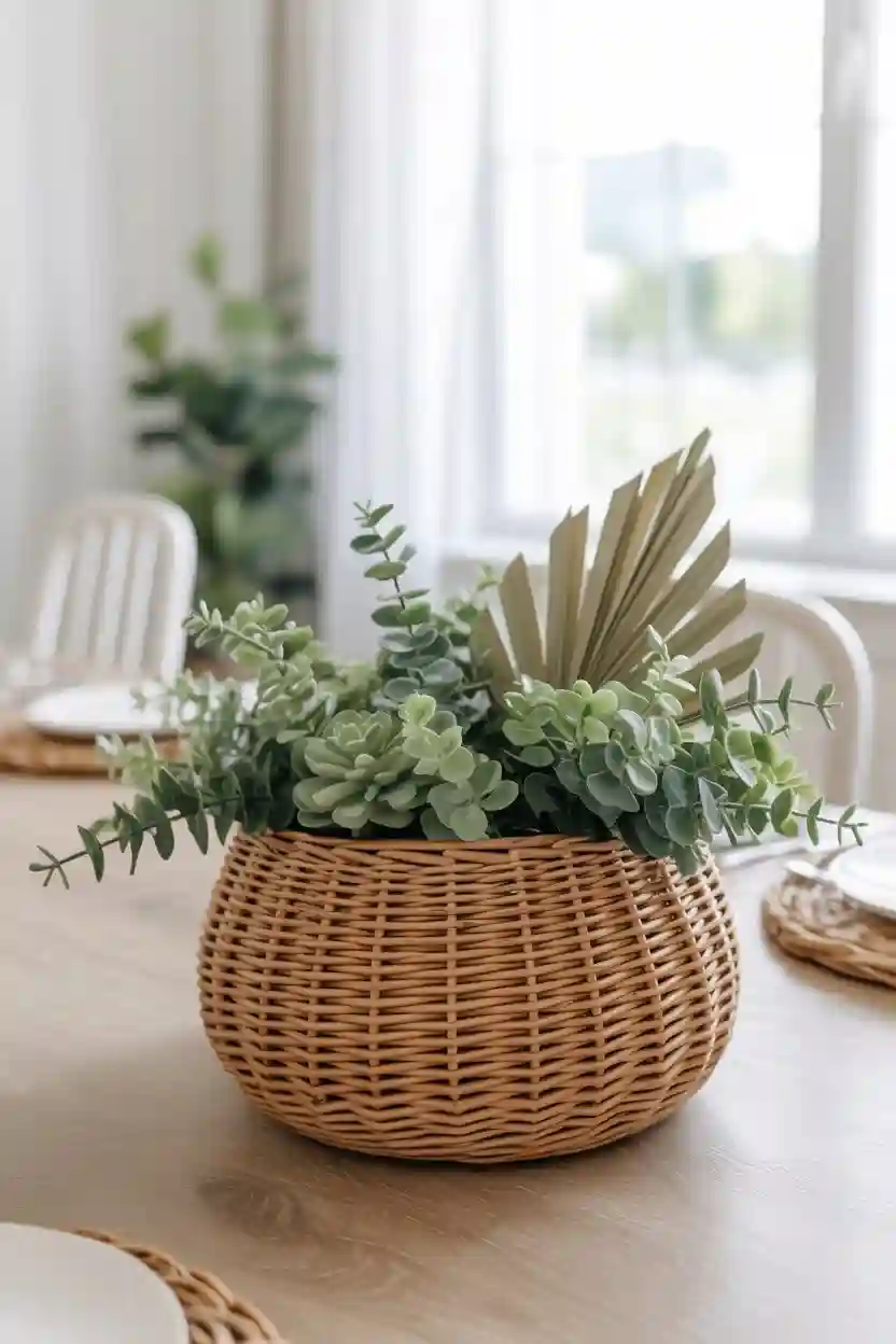 20 DIY Table Centerpiece Ideas 15 Woven Basket with Faux Greenery
