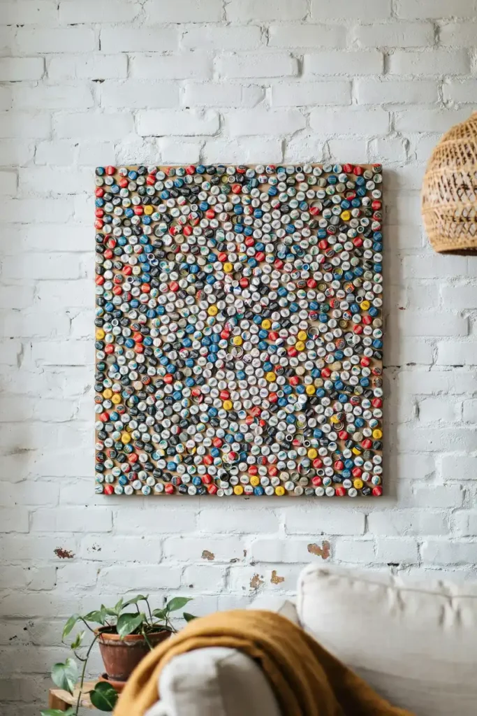 12 DIY Upcycled Bottles Decor Ideas 2 Bottle Cap Wall Art