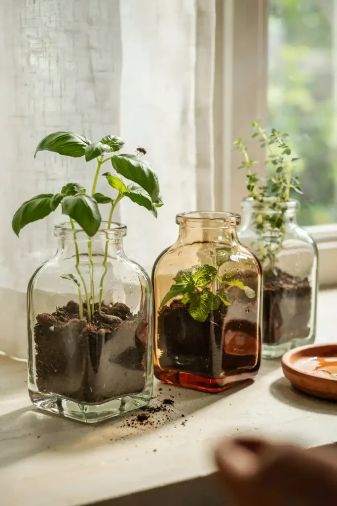 12 DIY Upcycled Bottles Decor Ideas 5 Bottle Herb Planters