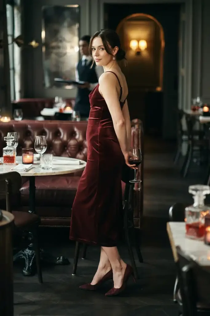 12 Monochrome Outfit Ideas 5 Burgundy Velvet Evening Look
