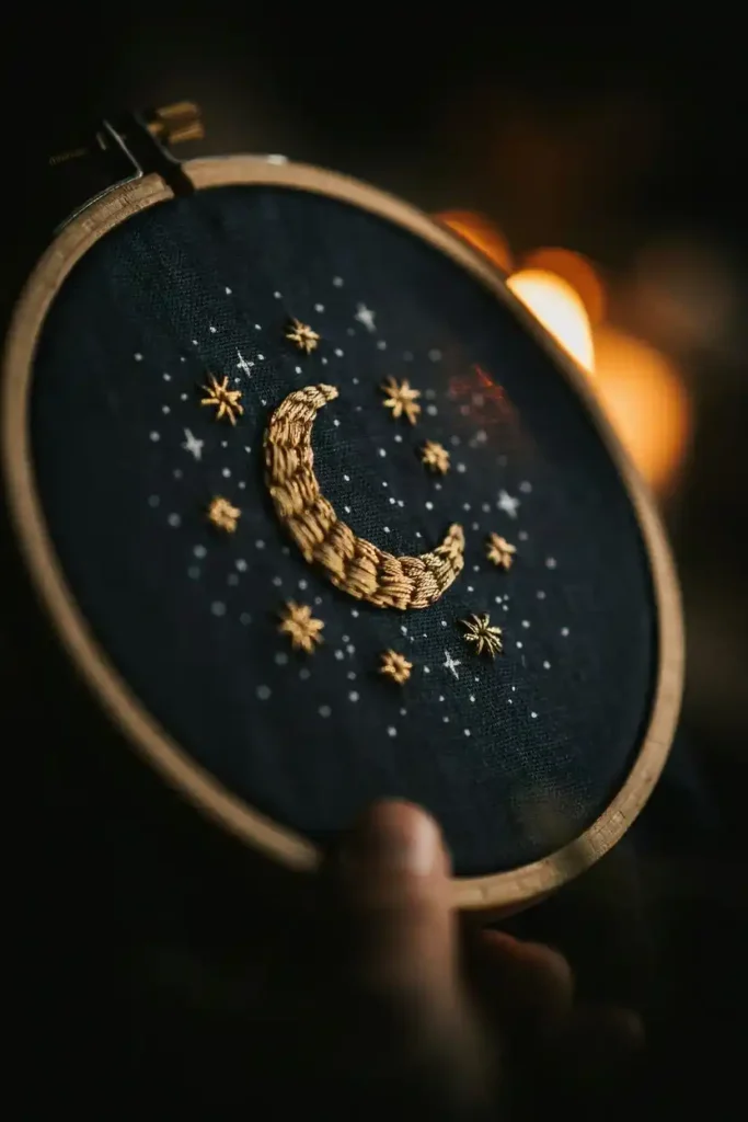 12 Modern Embroidery Patterns Ideas 3 Celestial Moon and Stars Embroidery