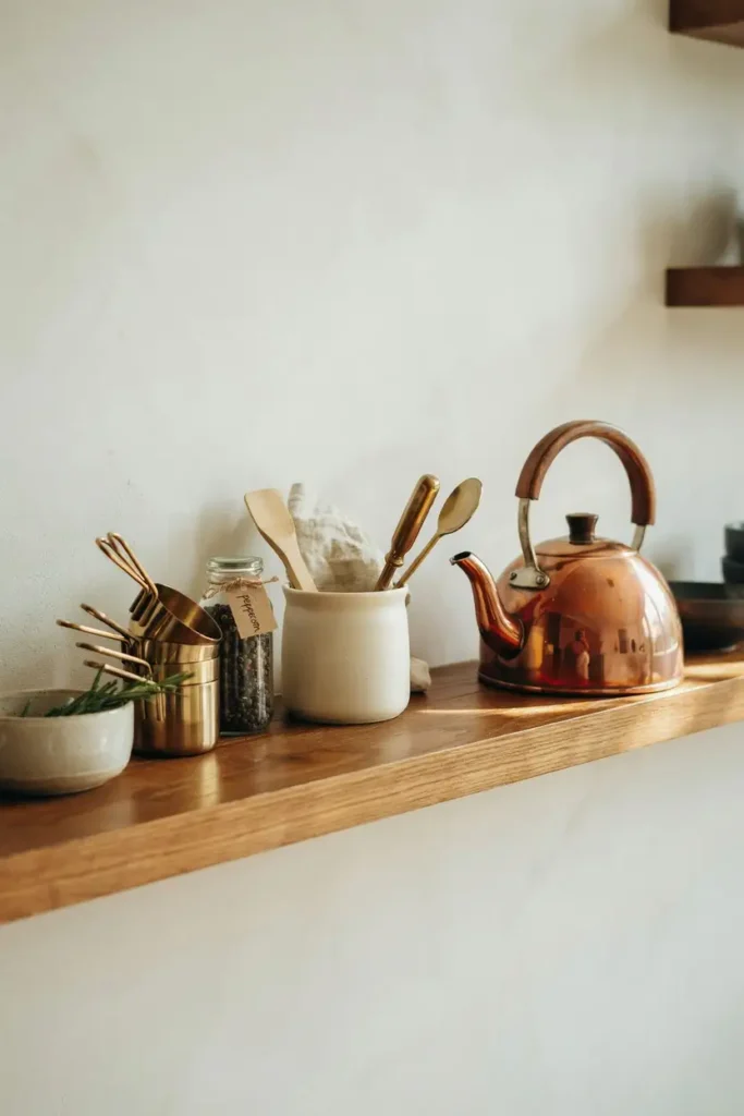 12 Stylish Open-Shelf Kitchen Decorating Ideas 9 Copper and Brass Accents Shelf