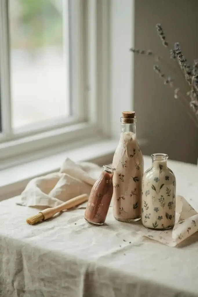 12 DIY Upcycled Bottles Decor Ideas 6 Decoupage Bottles With Fabric Or Paper