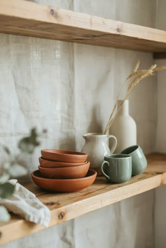 12 Stylish Open-Shelf Kitchen Decorating Ideas 1 Earthy Ceramic Collection Display