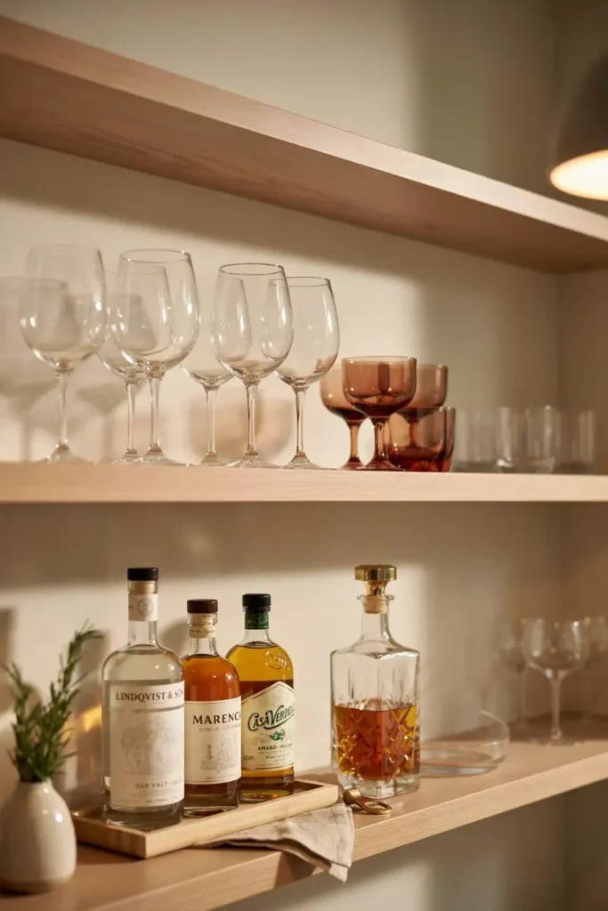 12 Stylish Open-Shelf Kitchen Decorating Ideas 11 Open Shelf Bar and Glassware Nook