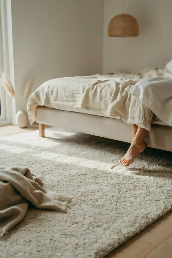 12 Aesthetic Bedroom Decor Ideas 11 Soft Area Rug in a Warm Neutral Tone
