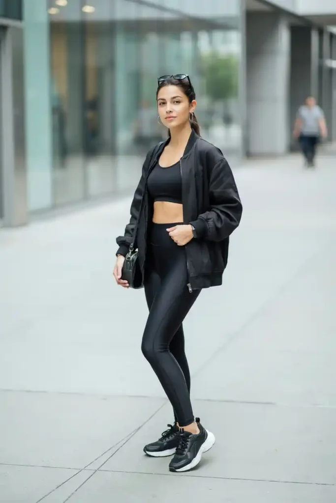 16 Chic All-Black Outfit Ideas 13 Black Athletic Set Elevated with Sleek Accessories