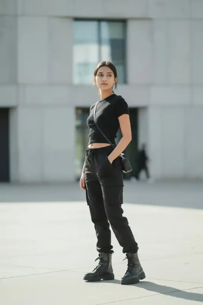 16 Chic All-Black Outfit Ideas 4 Black Cargo Pants with a Black Fitted Crop Top