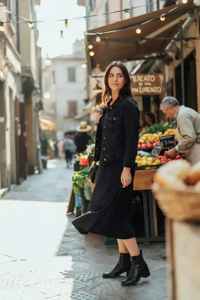 16 Chic All-Black Outfit Ideas 14 Black Denim Jacket over a Black Flowy Midi Dress