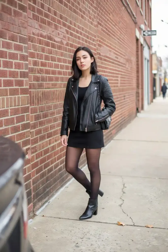 16 Chic All-Black Outfit Ideas 7 Black Leather Jacket with a Black Mini Skirt