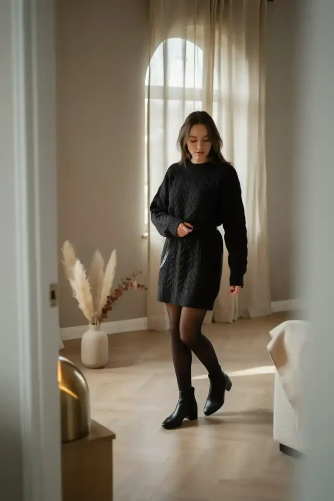 16 Chic All-Black Outfit Ideas 11 Black Oversized Sweater Dress with Black Tights