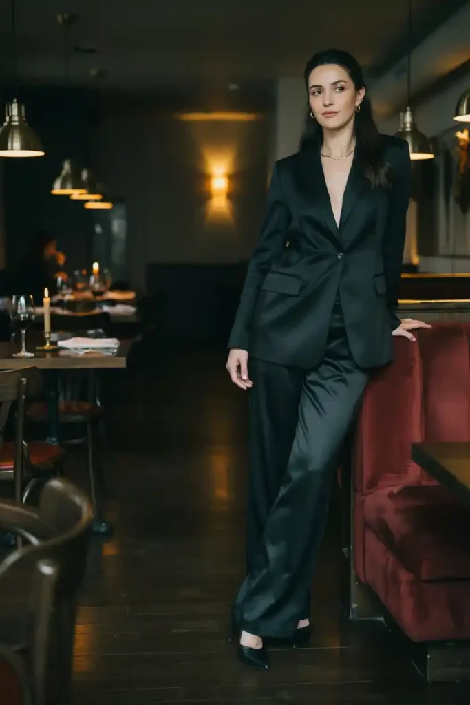 16 Chic All-Black Outfit Ideas 12 Black Satin chic Blazer Set for Night Out